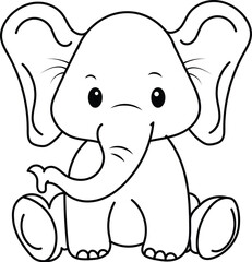 Cartoon Baby Elephant Sitting – Coloring Page Vector
