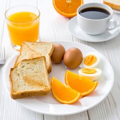 Full Breakfast of Toast Hard Boiled Eggs and Orange Slices on White Plate