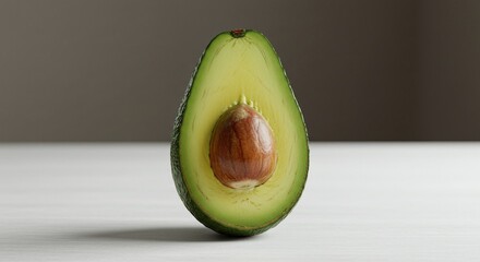 Fresh Green Avocado Half with Brown Seed on White Surface