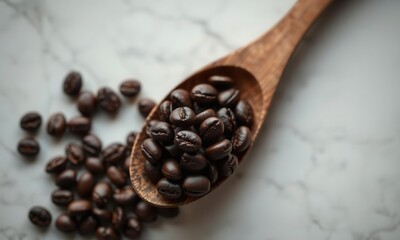 Fototapeta premium Close up of rich dark roasted coffee beans spilling from a wooden spoon onto a textured marble surface