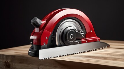 Red circular saw with metal blade on wooden planks
