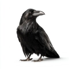 Fototapeta premium Majestic black raven portrait with glossy feathers standing against white background, detailed view of corvid bird showing powerful beak and intelligent eye in wildlife photography