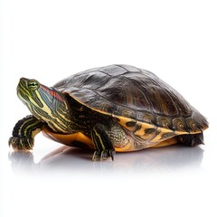 Obraz premium Detailed red-eared slider turtle with dark brown shell and yellow-green markings on white background, pet reptile photography for wildlife conservation or exotic pet store advertising