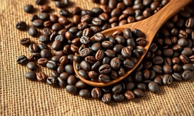 Fototapeta premium Close up of dark roasted coffee beans spilling from a wooden spoon onto a textured burlap surface