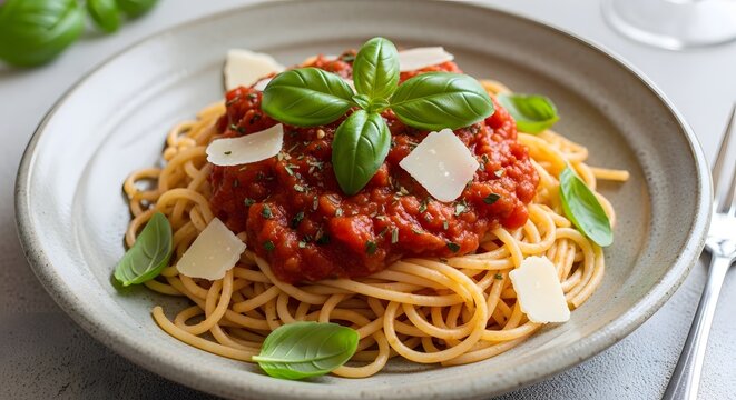 Close up of spaghetti with tomato sauce basil and parmesan cheese on a gray plate surface top view