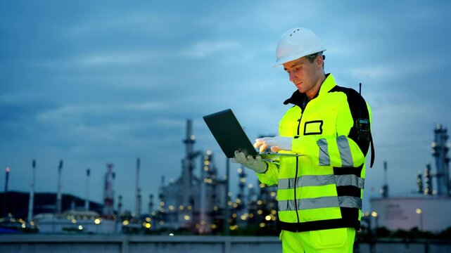 Male petrochemical industry engineer working on laptop computer inspection petroleum oil refinery plant construction site at night. Industrial engineer technician maintaining energy power gas system.