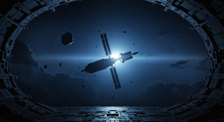 Space Station Orbiting Earth with Asteroids and Stars in Deep Space Scene