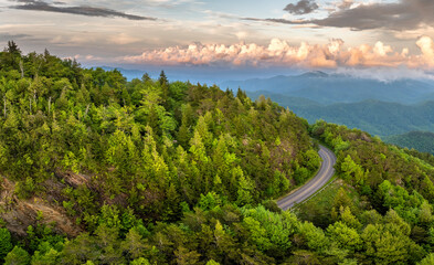 Blue Ridge Parkway in summer rainy season. Mountain pass road in North Carolina Appalachian...