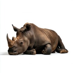 Fototapeta premium Majestic resting rhinoceros lying down against white background, showcasing detailed textured skin and prominent horn in wildlife conservation photography with free copy space for text