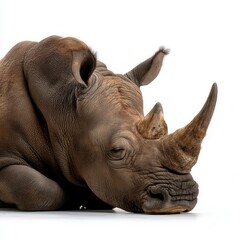 Obraz premium Resting rhinoceros isolated on white background --chaos 5 --ar 1:1 --relax --quality 4 --raw --profile a9ld8lf --stylize 50 --v 7 Job ID: a45599bc-ee29-489d-88ec-c8d150cc62b0