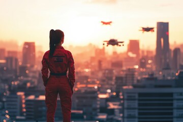 A woman in a red jumpsuit watches futuristic aircraft fly over a city at sunset.