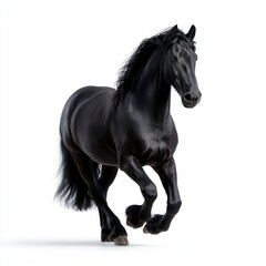 Majestic black stallion galloping with powerful stride against clean white background, showcasing glossy coat and flowing mane in professional equine photography with free copy space for text