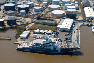 Construction shipyard for assembling of luxury yachts. Commercial dock for sea ships manufacturing