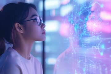 A young woman gazes intently at a futuristic holographic display filled with data streams and network connections.
