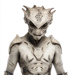 Naklejka premium Intimidating alien creature costume with detailed reptilian features and spiked head against white background for science fiction film production or cosplay event