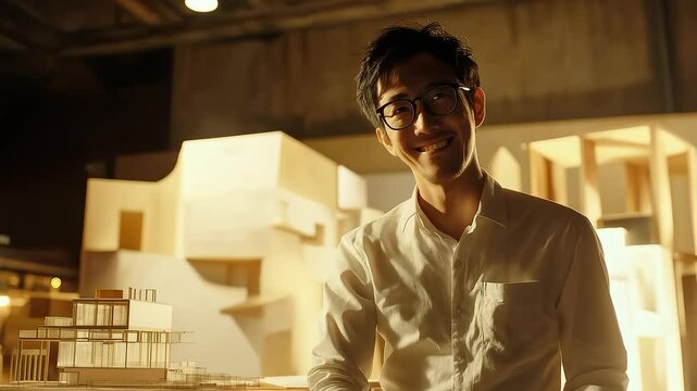 Confident Architect Showing Architectural Model Smiling