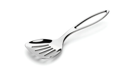 A sleek, modern stainless steel slotted spoon with an elegant design, essential for draining and serving in the kitchen, isolated on white.
