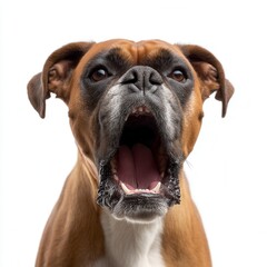 Obraz premium Expressive brown boxer dog with open mouth and alert expression against white background, perfect for pet care advertising or veterinary services banner with free copy space