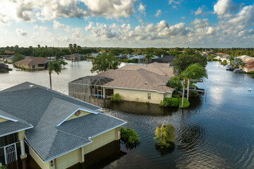 Flooding in Florida caused by tropical storm from hurricane Debby. Suburb houses in Laurel Meadows...