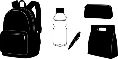 Back to school essentials vector graphic backpack water bottle pen pencil case and lunch bag silhouette image