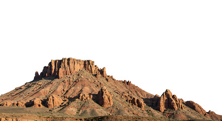 A rugged and imposing desert mountain or mesa, composed of reddish-brown rock formations, isolated against a pure white background.
