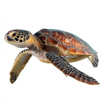 Majestic Green Sea Turtle swimming gracefully in ocean waters, detailed view of patterned shell and distinctive scales, marine wildlife conservation image with white background