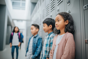 Group of children standing near school lockers, with one girl leaning against the locker, showcasing friendship and school life in a vibrant educational environment