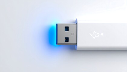 White USB flash drive, top view, lit blue