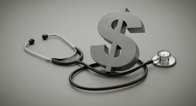 A 3D rendering of a large dollar sign intertwined with a medical stethoscope, symbolizing the financial aspects and costs of healthcare.
