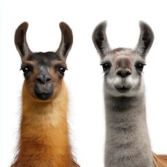 Obraz premium Curious llama pair with tan and gray fur looking directly at camera against white background, perfect for wildlife education or animal farm advertising