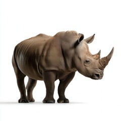 Obraz premium Powerful adult rhinoceros standing in profile against white background, showcasing thick gray skin and distinctive double horn, wildlife conservation imagery with free copy space for text