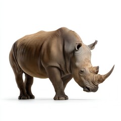 Obraz premium Majestic adult white rhinoceros standing in profile against clean white background, showcasing powerful body and distinctive horn in wildlife conservation imagery with free copy space