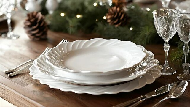 Elegant white dinnerware set on a wooden table with festive decor
