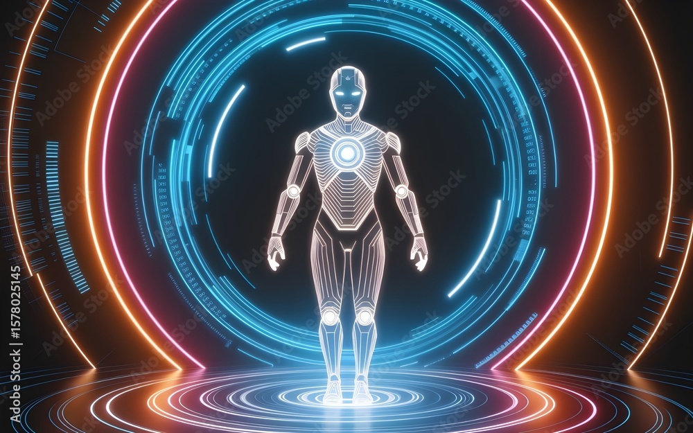 Fototapete futuristic robot stands illuminated within glowing circles, embodying artificial intelligence and mo