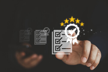 Quality Assurance Certification Concept with Five-Star Rating and Checklist Icons. Digital checklist, approval, performance evaluation, ISO standards, compliance, business service, product management.