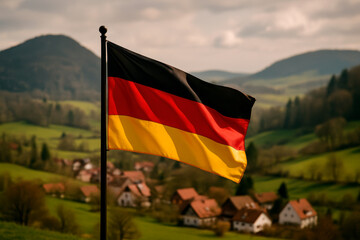 German flag waving over traditional countryside landscape