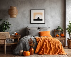 Autumnal bedroom interior with rustic elements and a Halloween theme decor