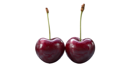 Two luscious cherries gleaming like jewels invite a taste of summer s sweetness on a stark on transparent background
