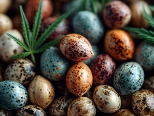Obraz premium A colorful assortment of speckled quail eggs is scattered amongst vibrant green leaves for a close up view.