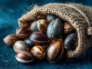 Jute sack is filled with a pile of beautiful and diverse calophyllum inophyllum nuts on dark surface.