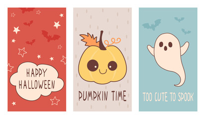 Adorable set of Halloween strory templates featuring cute cartoon illustrations of a smiling pumpkin, friendly ghost, bats, and festive typography