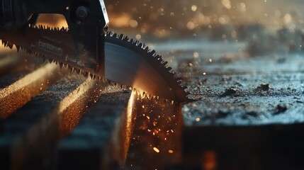Saw cutting wooden planks with sparks and bokeh