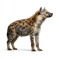 Fototapeta premium Alert spotted hyena standing in profile view against white background, detailed digital illustration for wildlife education with free copy space for text