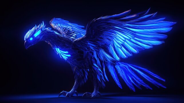 Cybernetic bird of prey in neon blue light