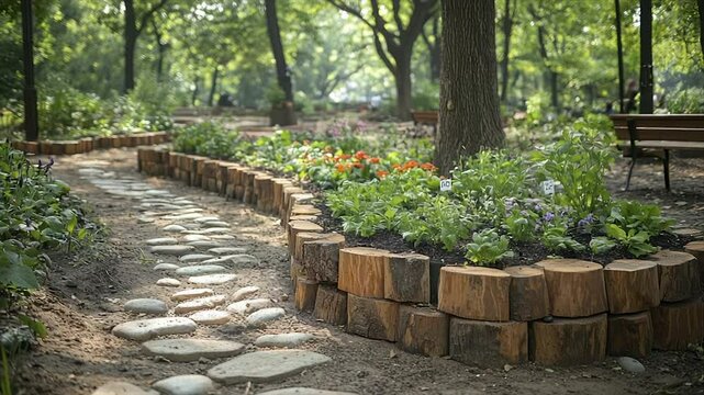 Serene park path winds through vibrant flowerbeds, bordered by rustic wood logs