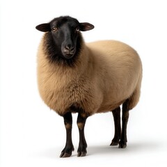 Dignified Suffolk sheep with distinctive black face and tan wool standing against clean white background for livestock photography or agricultural advertising