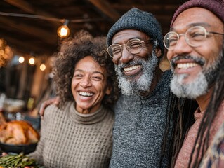 A happy African American family is celebrating together outside du a festive Thanksgiving gathe.