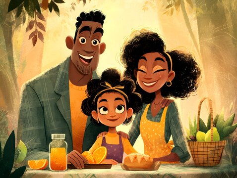 An African American family smiles du an outdoor picnic with fruit and juice on a bright sunny day.