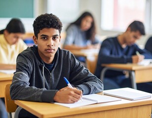 school students, writing and desk in classroom with books for english literature or language for exam. People, university and scholarship for learning or education, knowledge and academic work