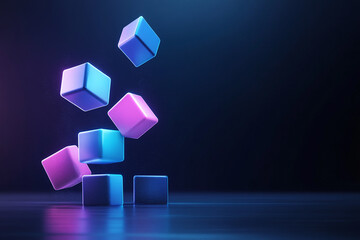 Colorful 3D cubes floating in a dark space with a glowing effect.